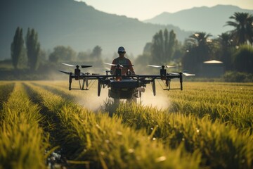 Drone flying over the fields to spraying fertilizer. Agricultural smart farm technologies. - Powered by Adobe