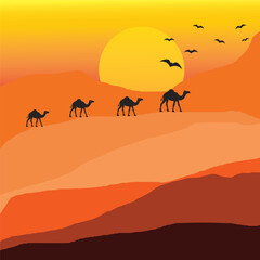 Fototapeta na wymiar Background of camel caravan crossing the desert