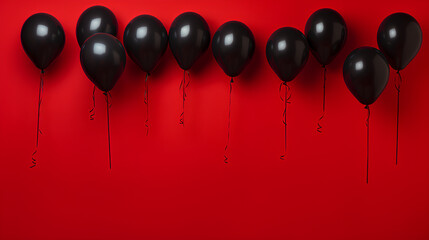 Black balloons with red background. Black Friday and Cyber Monday.  - obrazy, fototapety, plakaty