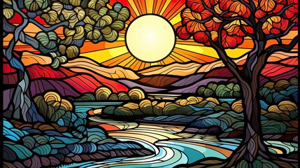 Stunning landscape using the artistic techniques of stained glass.