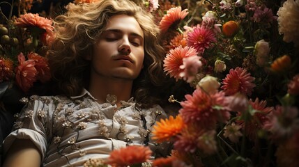 Young victorian style man relaxing sleeping over a lot of flowers, colorful eau de toilette essence