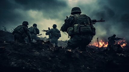 Soldiers equipped with firearms navigating through wooded terrain, amidst smoky battlefield.