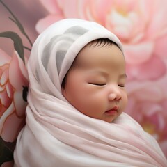 Fototapeta na wymiar An adorable baby wrapped in a white cloth with flowers in the background. Generative AI. 