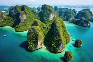 Aerial view of lush green islands with turquoise waters and boats floating nearby. Travel and nature exploration. - obrazy, fototapety, plakaty