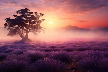 Fototapeta na wymiar Lavender field at dawn with tree silhouette and distant mountains. Serene landscapes and flora.