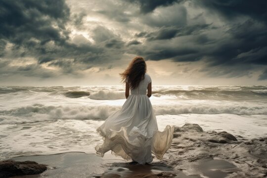 Back view of individual in white dress facing tumultuous sea waves under cloudy sky. Power of nature and tranquility.