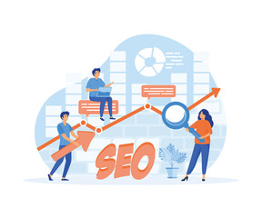 SEO, Search Engine Optimization for website to show in search result page concept, professional people holding magnifying glass. flat vector modern illustration - obrazy, fototapety, plakaty