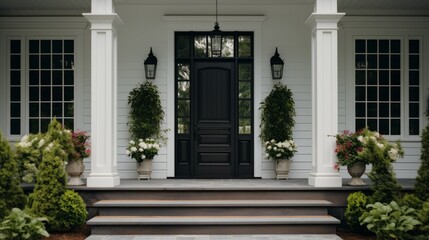 Front door of a white house with stairs and lots of plants