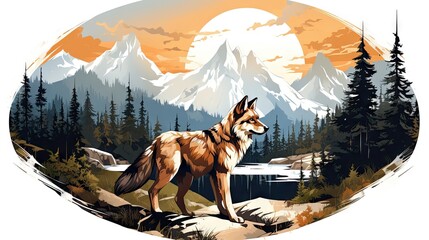 majestic gray wolf stands top a rugged mountain peak,overlooking a breathtaking wilderness landscape - obrazy, fototapety, plakaty