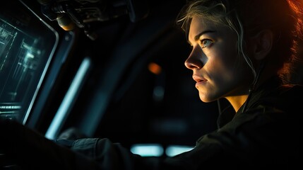Movie-like shot of a woman wearing a helmet, gazing intently at an unseen subject