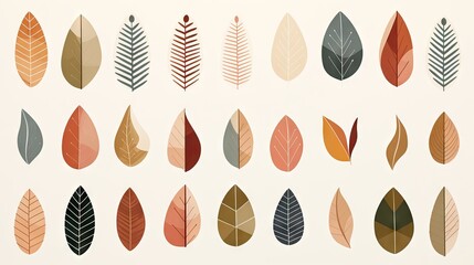 Fototapeta premium Minimalist assorted vibrant leaves in various hues, forming a captivating wallpaper pattern.