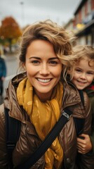 Joyful mother and her son strolling on the street, autumnal time.