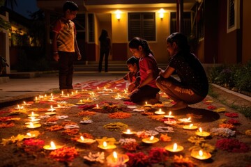 Indian mother and children light diyas for Diwali celebration. - obrazy, fototapety, plakaty