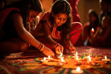 Indian mother and children light diyas for Diwali celebration.