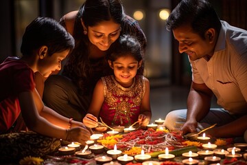 Families celebrating Diwali,children lighting candles together,spreading warmth and happiness