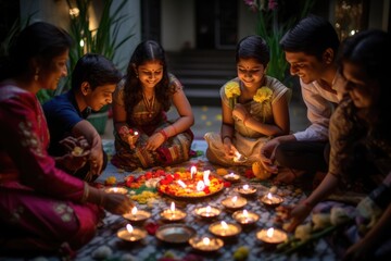 Families celebrating Diwali,children lighting candles together,spreading warmth and happiness - obrazy, fototapety, plakaty