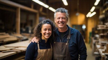 diverse couple of workers standing in a woodworking shop, surrounded by tools and equipment