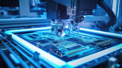 Cutting-edge equipment in a microchip factory creating electronic components, the production chain - obrazy, fototapety, plakaty