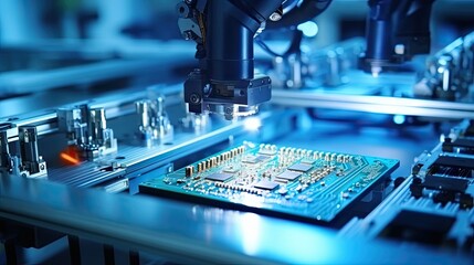 Cutting-edge equipment in a microchip factory creating electronic components, the production chain