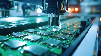 Automated machinery in a microchip factory manufacturing electronic components for mass production
