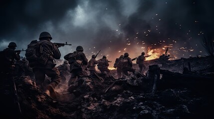Fototapeta na wymiar Armed soldiers amidst dense forest, engulfed in smoke, engaged in warfare.
