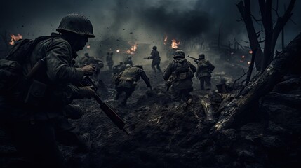 Armed soldiers amidst dense forest, engulfed in smoke, engaged in warfare. - obrazy, fototapety, plakaty