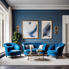 A blue sofa and armchair lie on a rug by the window, and there are art frames on the white walls. modern living room, Generative AI