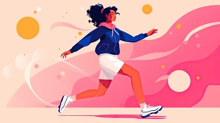 Active woman in yellow jacket and white sneakers running through,minimal designs,colorful background