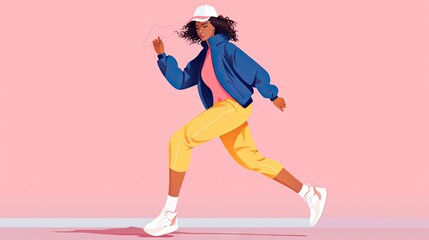 Fototapeta na wymiar Active woman in yellow jacket and white sneakers running through,minimal designs,colorful background