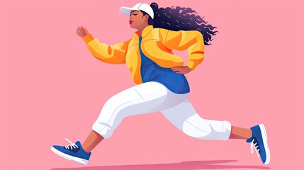 Fototapeta na wymiar Active woman in yellow jacket and white sneakers running through,minimal designs,colorful background