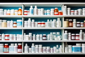 Ingelijste posters A well-stocked medicine shelf displaying a diverse range of pharmaceuticals for various health needs © Banana Images