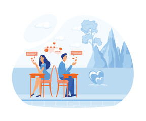 Young man and woman hold phone and write messages. flat vector modern illustration 