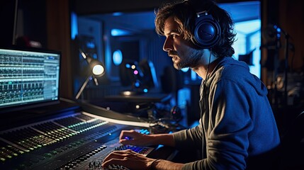 A music producer in headphones works in a recording studio, surrounded by equipment - obrazy, fototapety, plakaty