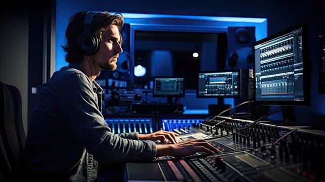 A music producer in headphones works in a recording studio, surrounded by equipment