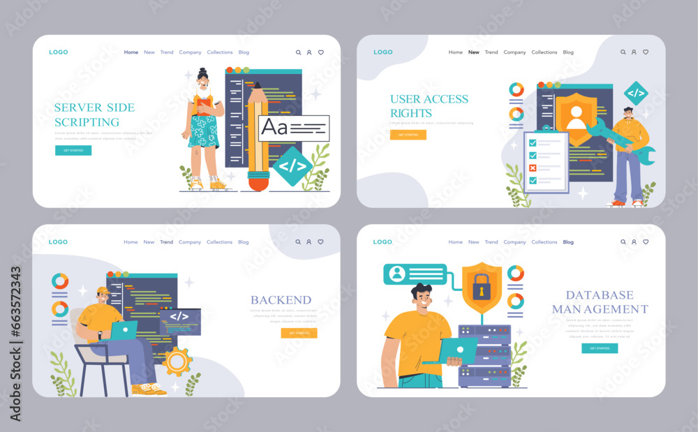 Poster back-end development web banner or landing page set. coding, software