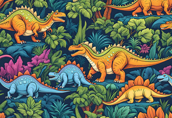 Obraz premium Themed line art doodle color cartoon drawing dinosaurs, Very cute