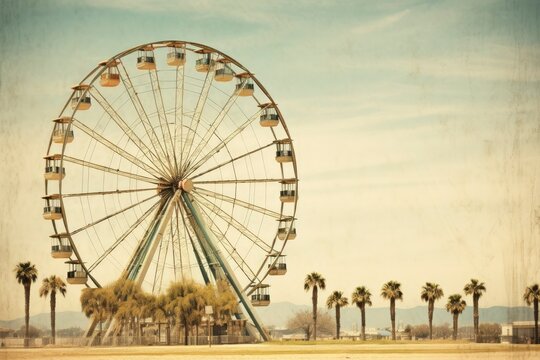Ferris wheel at sunset. Aged and worn vintage photo of ferris wheel with palm trees. Concept image for postcards and greeting cards