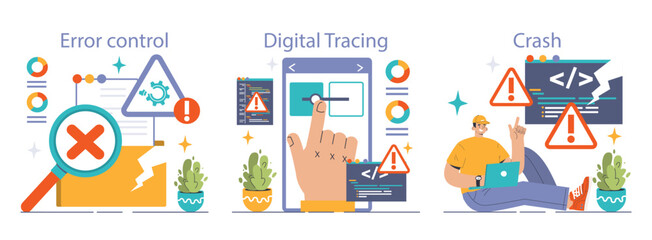 Software testing set. Code testing and debugging. IT specialist searching