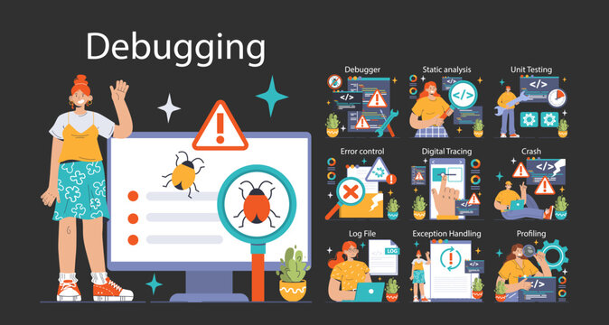 Software testing dark or night mode set. Code testing and debugging