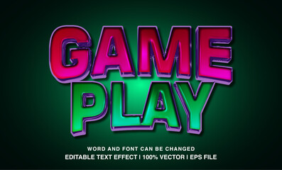 Game play editable text effect template, 3d bold dark glossy style typeface, premium vector