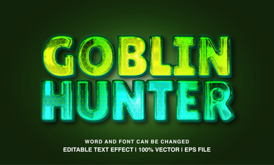 Goblin hunter editable text effect template, 3d bold green glossy style typeface, premium vector