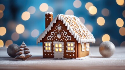 Gingerbread house on the table on a blue background with a bokeh