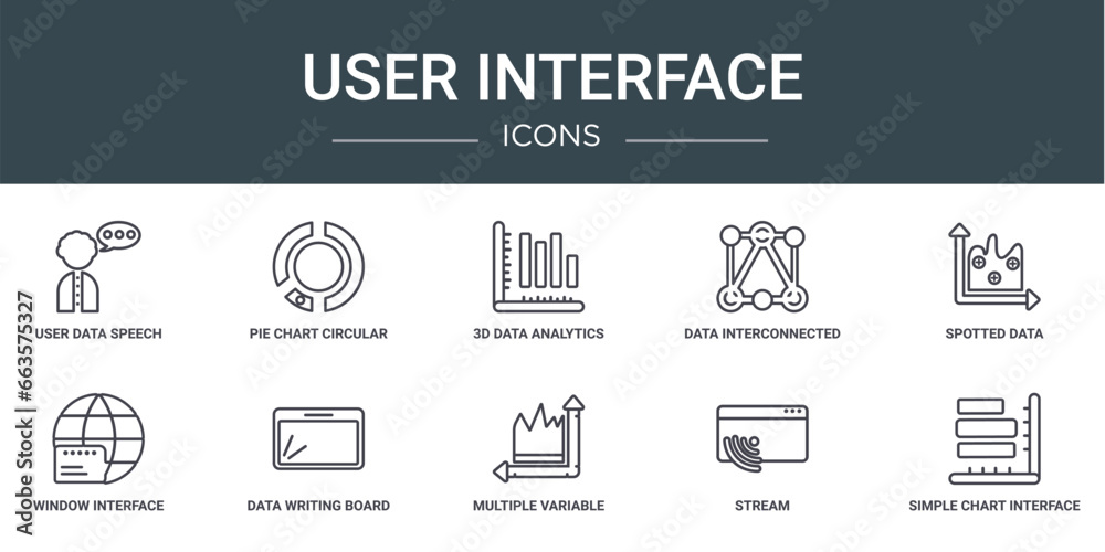Poster set of 10 outline web user interface icons such as user data speech interface, pie chart circular in