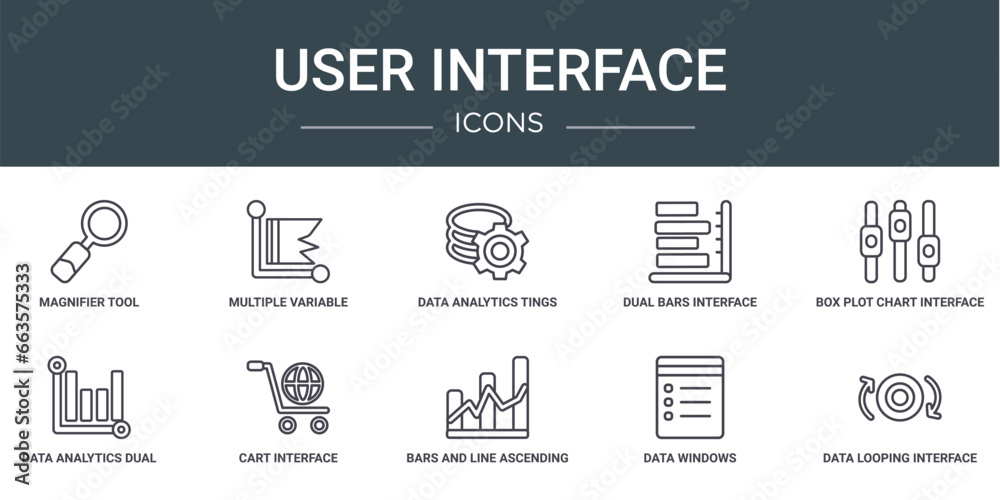 Poster set of 10 outline web user interface icons such as magnifier tool, multiple variable point line, dat