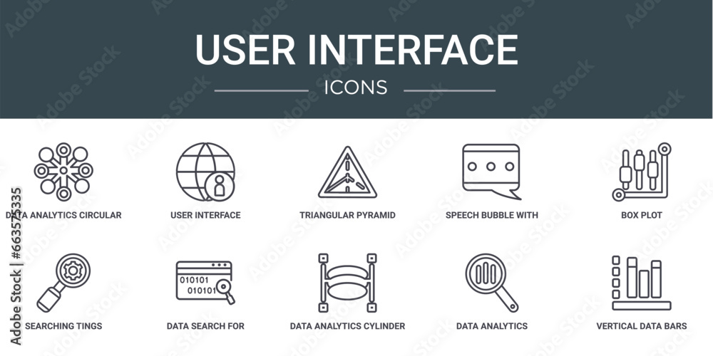 Poster set of 10 outline web user interface icons such as data analytics circular, user interface, triangul
