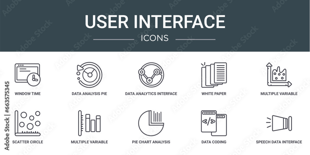 Poster set of 10 outline web user interface icons such as window time, data analysis pie chart interface, d