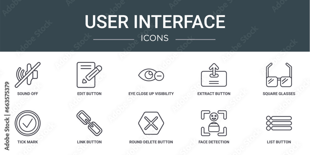 Poster set of 10 outline web user interface icons such as sound off, edit button, eye close up visibility b