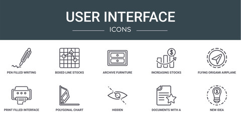 set of 10 outline web user interface icons such as pen filled writing tool, boxed line stocks, archive furniture of two drawers, increasing stocks, flying origami airplane, print filled interface