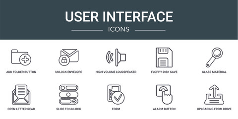 set of 10 outline web user interface icons such as add folder button, unlock envelope, high volume loudspeaker, floppy disk save button, glass material, open letter read email, slide to unlock