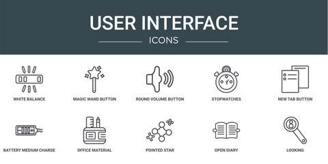 set of 10 outline web user interface icons such as white balance, magic wand button, round volume button, stopwatches, new tab button, battery medium charge, office material vector icons for report,